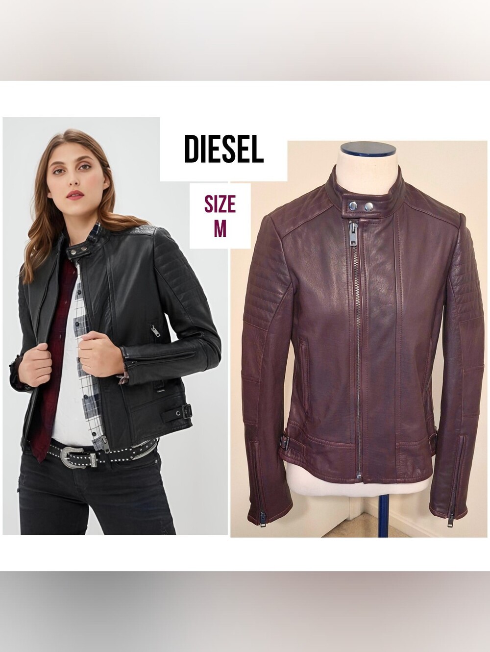 Diesel Purple Burgundy Lily Leather Moto Jacket Size Medium